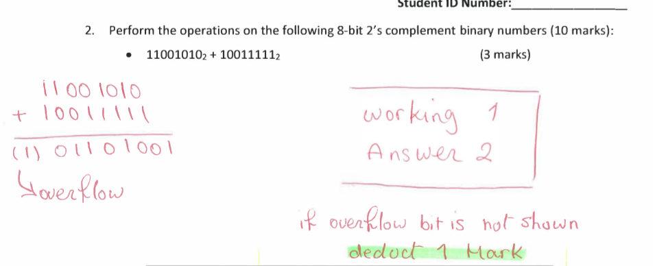 Student ID Number: 2. Perform the operations on the following 8-bit 2s complement binary numbers (10 marks): • 110010102 + 1