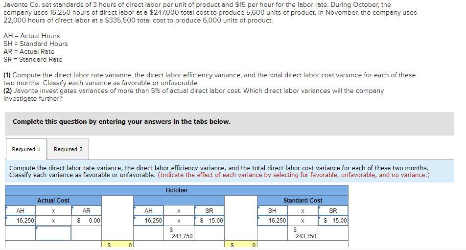 Solved Javonte Co Set Standards Of 3 Hours Of Direct Labor 8662