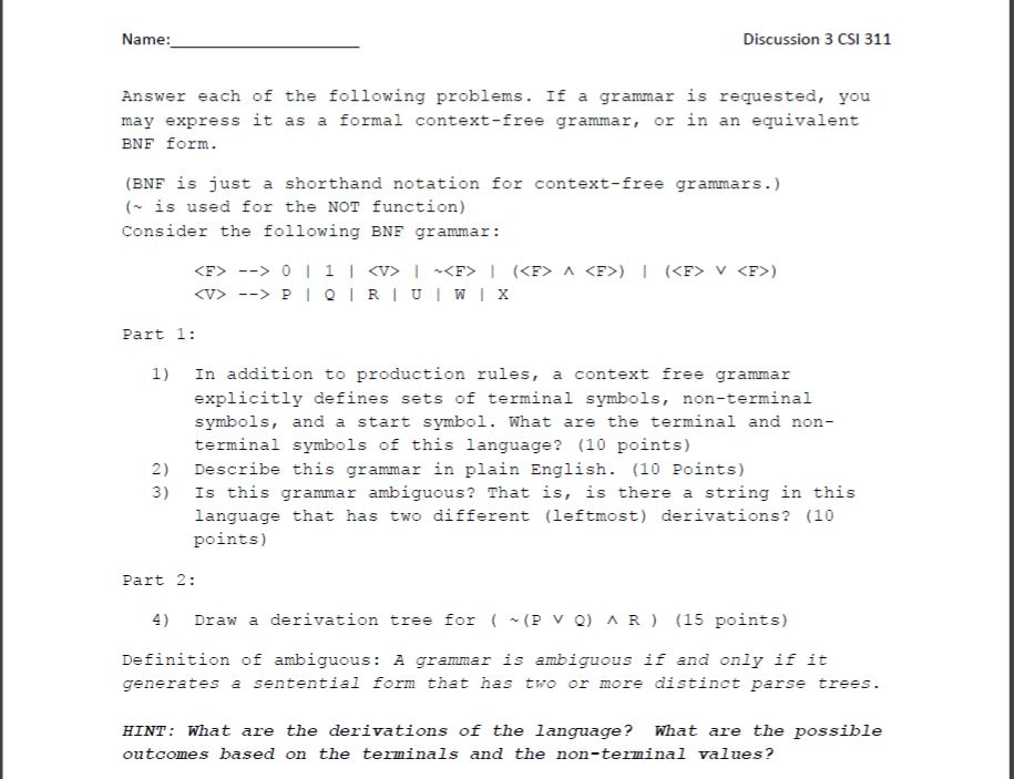 Solved Name: Discussion 3 CSI 311 Answer each of the | Chegg.com