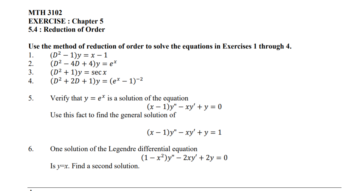 Solved MTH 3102 EXERCISE : Chapter 5 5.4 : Reduction of | Chegg.com