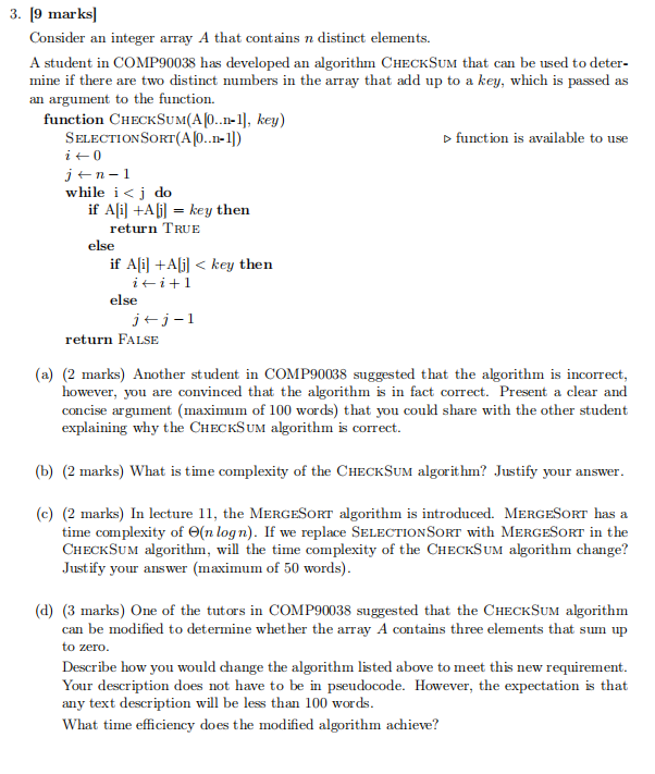 Solved 3. [9 marks) Consider an integer array A that | Chegg.com