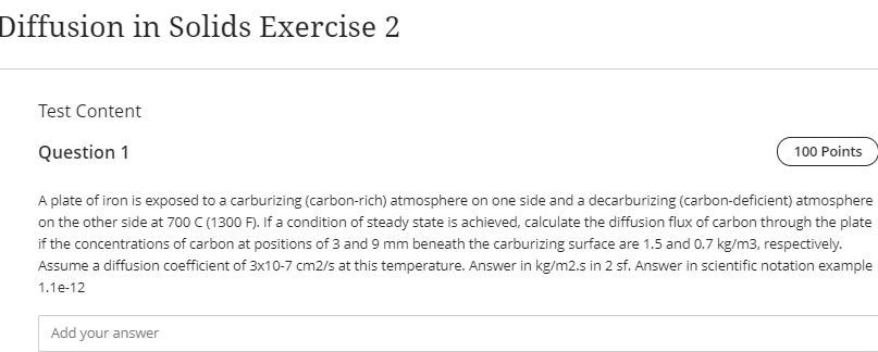 Solved Diffusion in Solids Exercise 2 Test Content Question | Chegg.com
