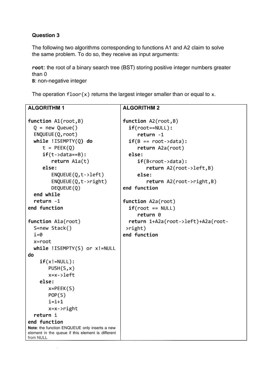 Solved Question 3 The following two algorithms corresponding | Chegg.com