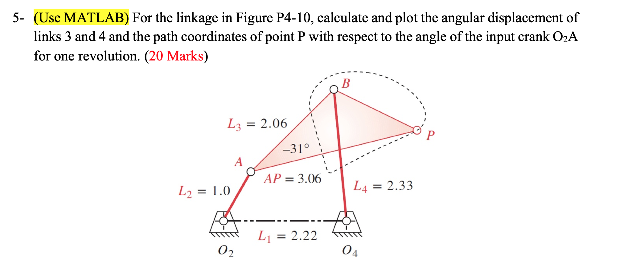 Solved 5- (Use MATLAB) For the linkage in Figure P4-10, | Chegg.com