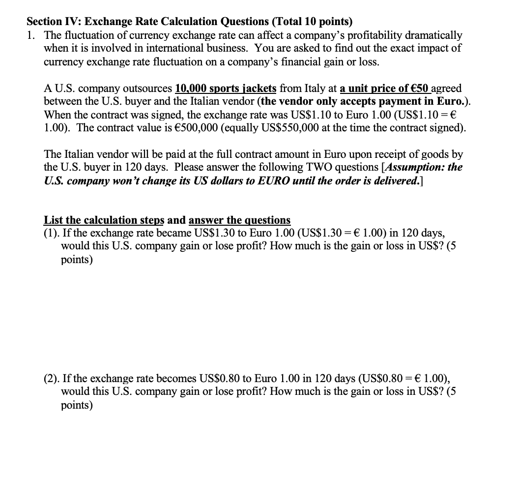 Section IV: Exchange Rate Calculation Questions | Chegg.com