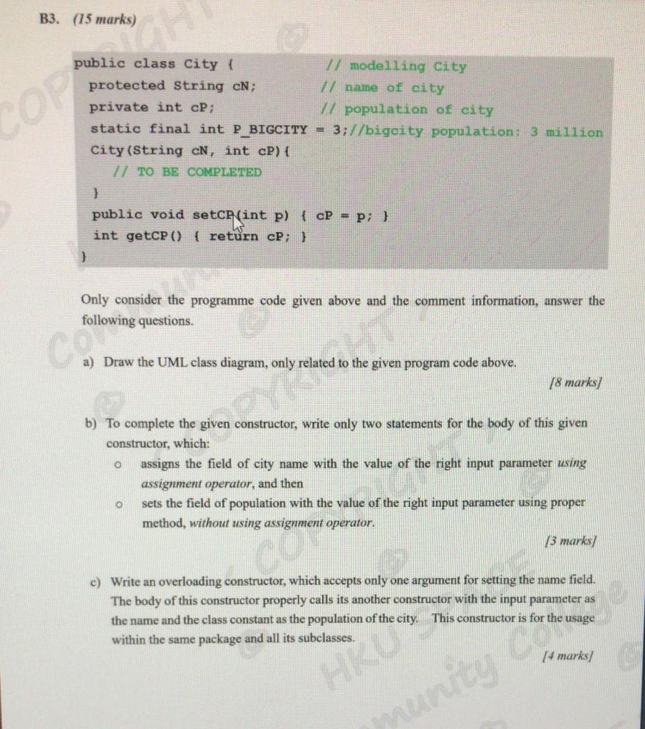 Solved B3. (15 marks) Cor Busin public class City { // | Chegg.com