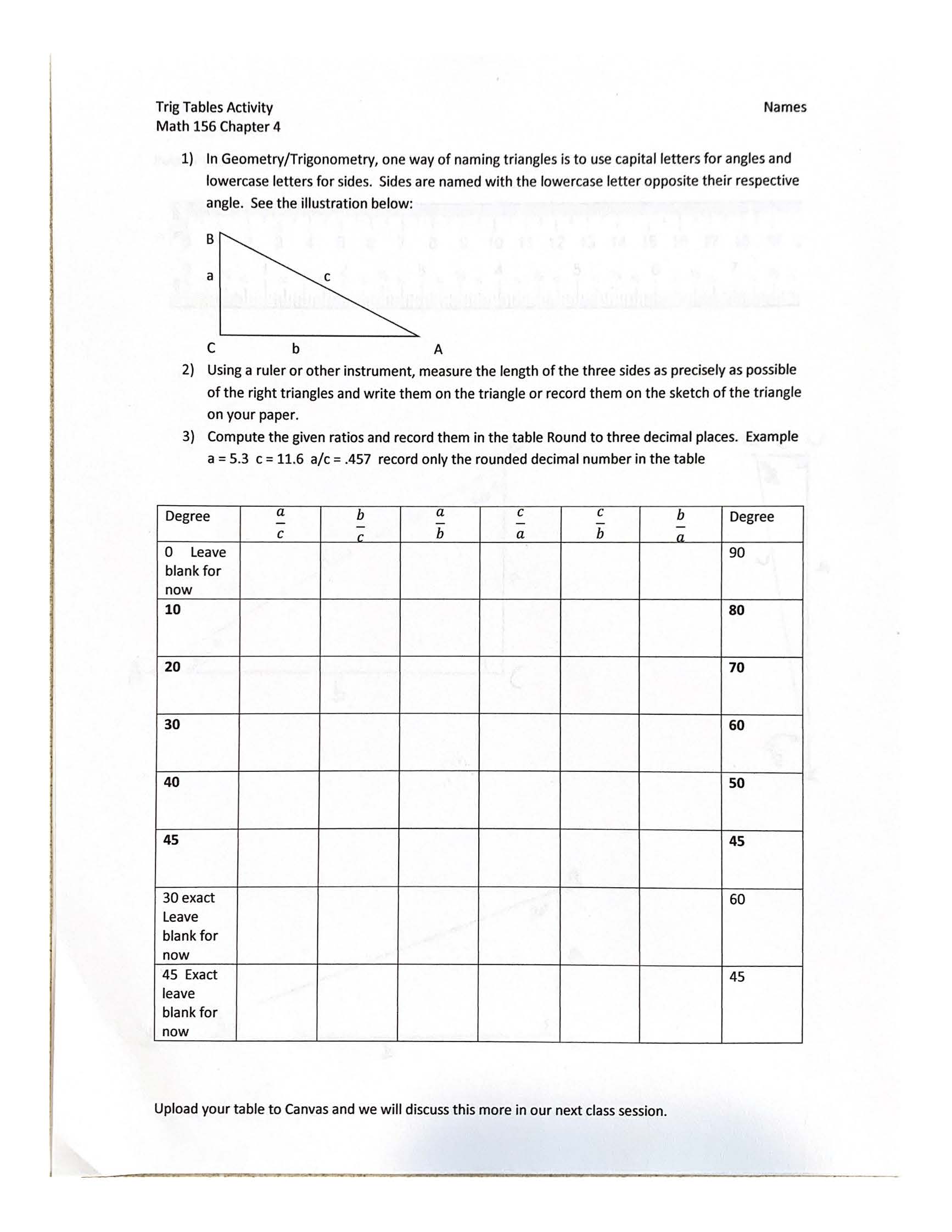 Solved Trig Tables Activity Math 156 Chapter 4 Ruler if you