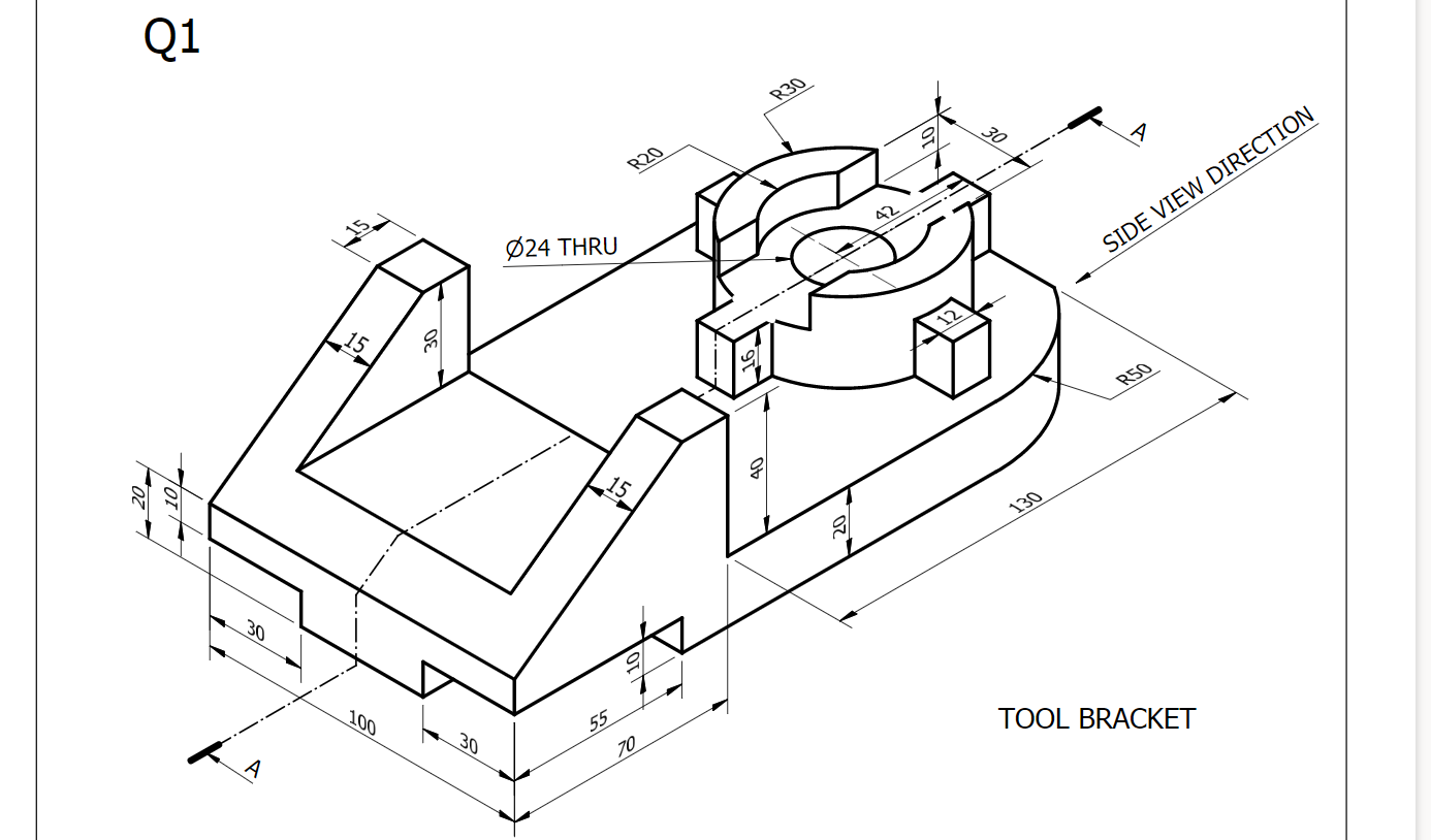 Solved Q1 R30 a o R20 42 Ø24 THRU SIDE VIEW DIRECTION 12 15 | Chegg.com