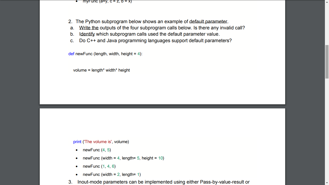Solved • myFunc a=y, C=z, b = x) 2. The Python subprogram | Chegg.com