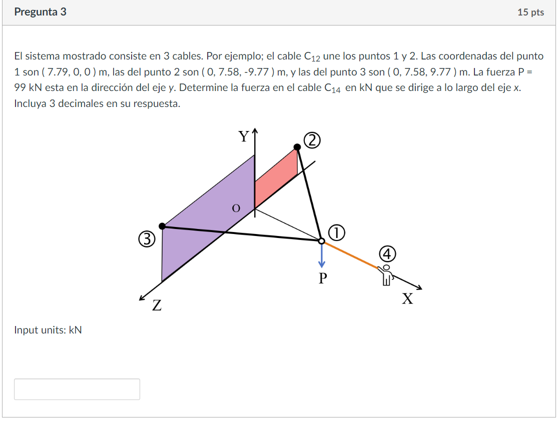 El sistema mostrado consiste en 3 cables. Por ejemplo; el cable \( \mathrm{C}_{12} \) une los puntos 1 y 2 . Las coordenadas