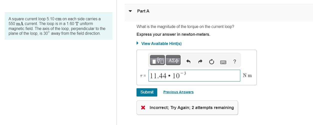 Solved A square current loop 5.10 cm on each side carries a | Chegg.com