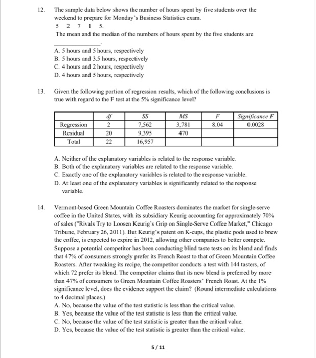 Solved 12. The sample data below shows the number of hours | Chegg.com