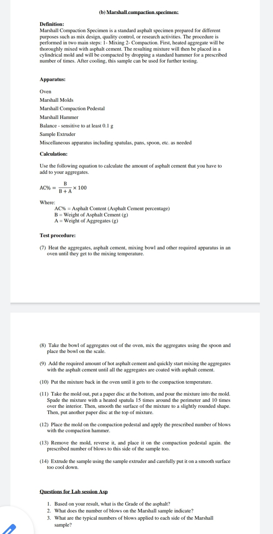 Solved (b) Marshall compaction specimen Definition