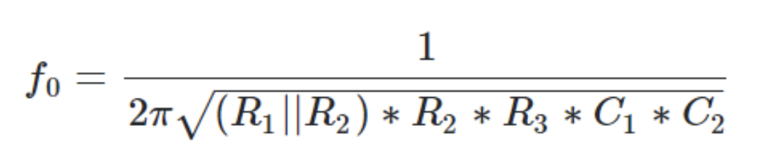 \( f_{0}=\frac{1}{2 \pi \sqrt{\left(R_{1} \| R_{2}\right) * R_{2} * R_{3} * C_{1} * C_{2}}} \)