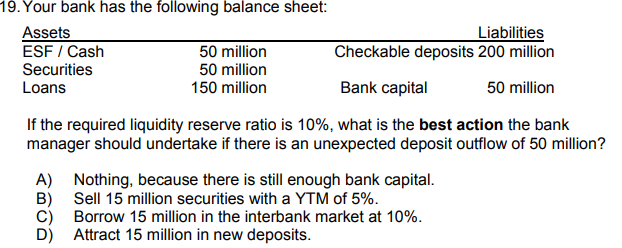 Solved 19. Your bank has the following balance sheet Assets