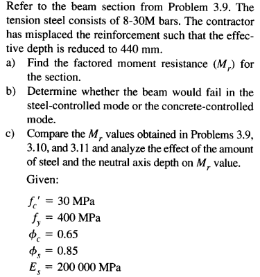 Refer to the beam section from Problem \( 3.9 \). The tension steel consists of 8-30M bars. The contractor has misplaced the