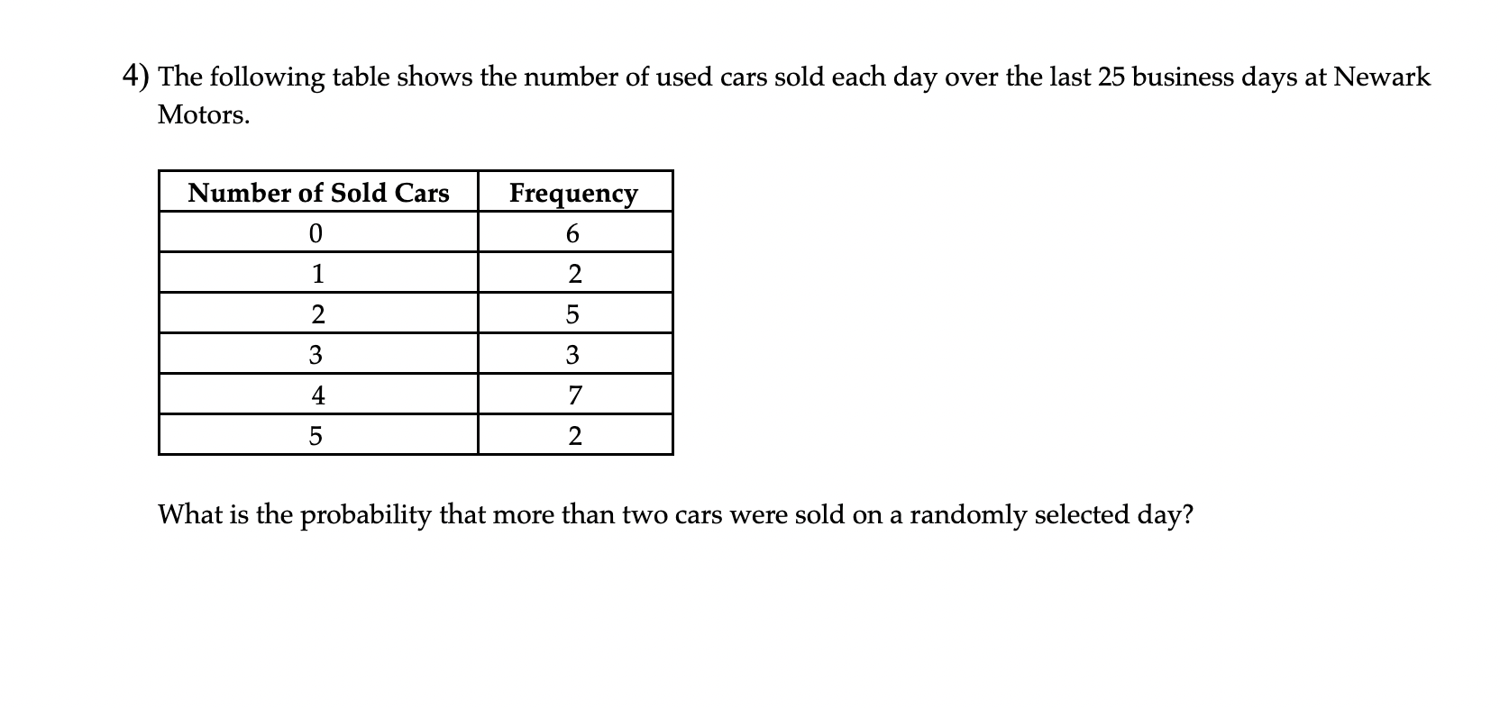 Solved 3) The Following Table Shows The Number Of Car | Chegg.com