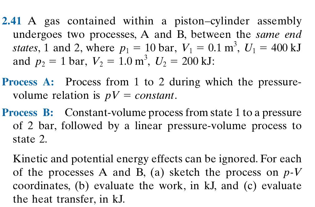 2.41 A gas contained within a piston-cylinder assembly undergoes two processes, \( \mathrm{A} \) and \( \mathrm{B} \), betwee