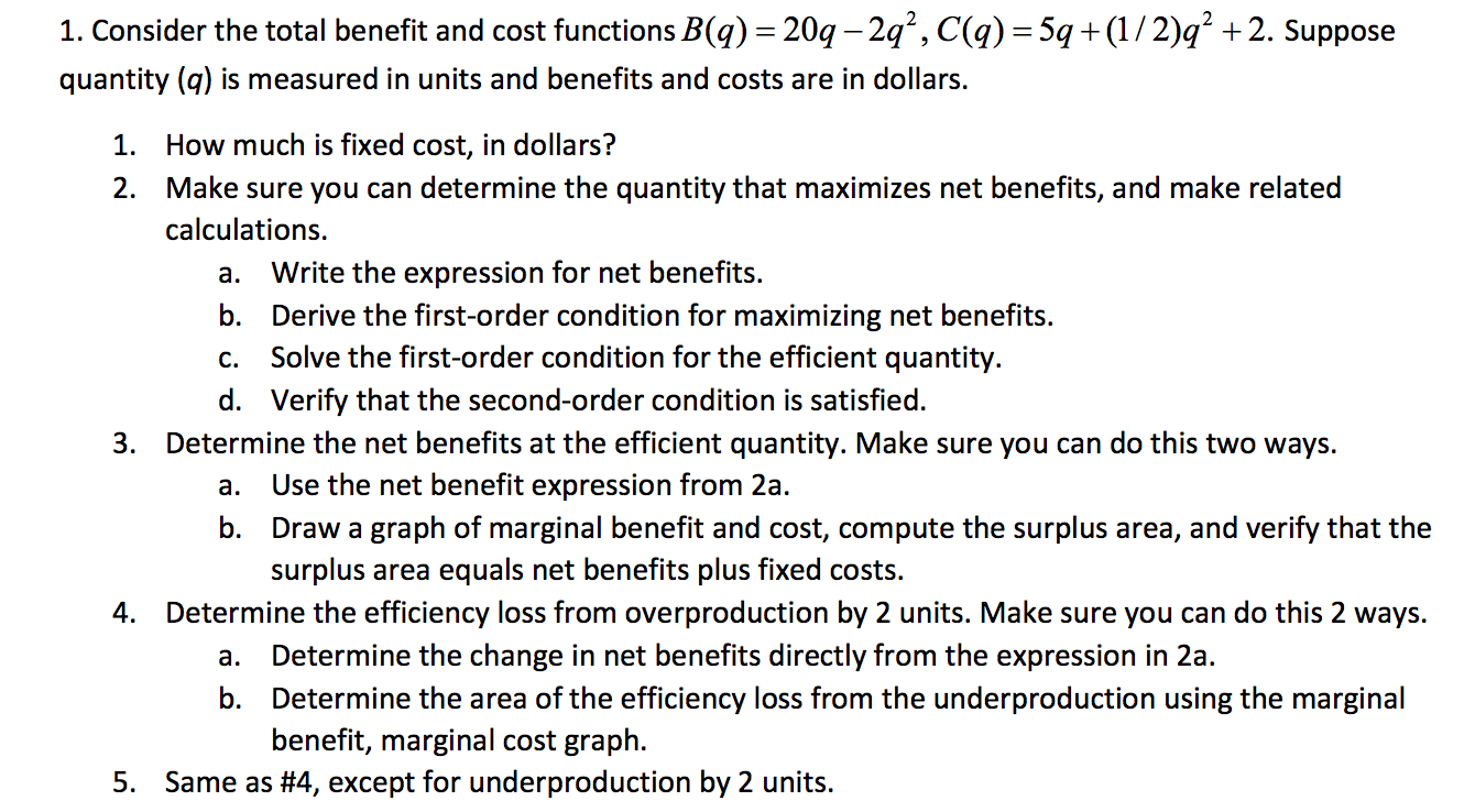 Solved 1. Consider the total benefit and cost functions B(q) | Chegg.com