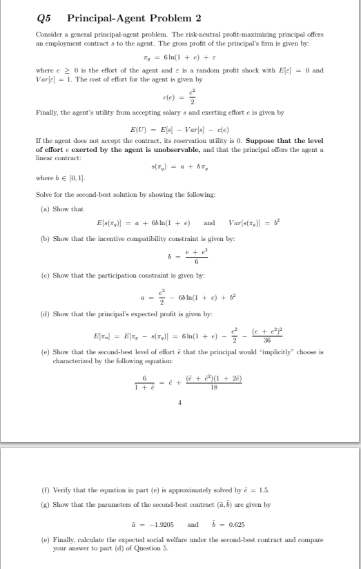 Q5 Principal-Agent Problem 2 Consider a general | Chegg.com