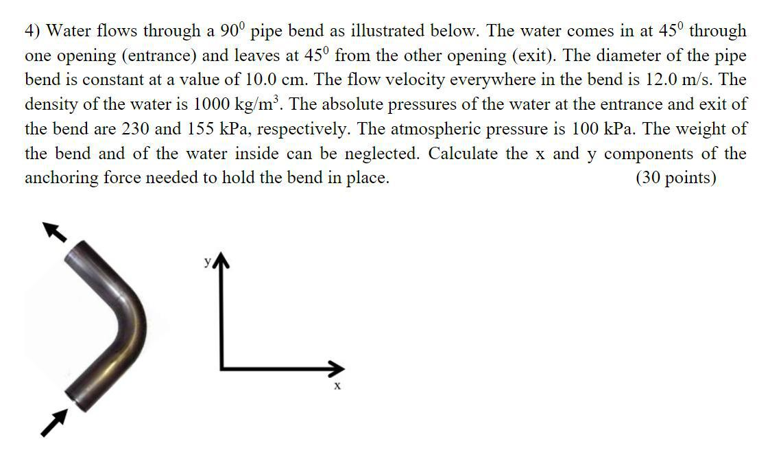 Solved 4) Water flows through a 90° pipe bend as illustrated | Chegg.com