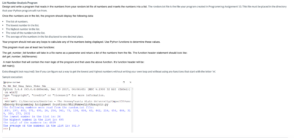 Solved List Number Analysis Program Design And Write A 1743
