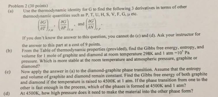 Problem 2 (30 points) (a) Use the thermodynamic | Chegg.com