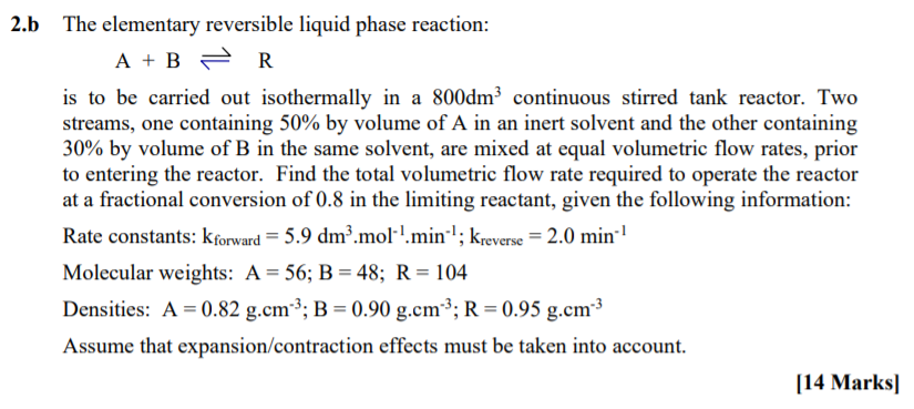 Solved 2.b The elementary reversible liquid phase reaction: | Chegg.com