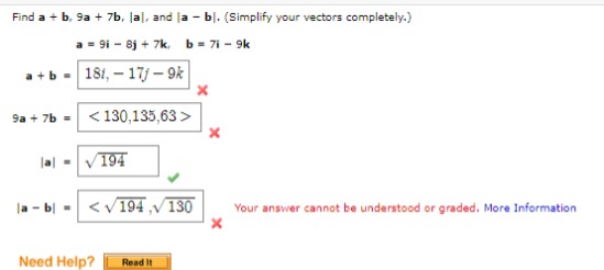 Solved Find A*b ﻿iFind A+b,9a+7b,|a|, ﻿and |a-b|. (Simplify | Chegg.com