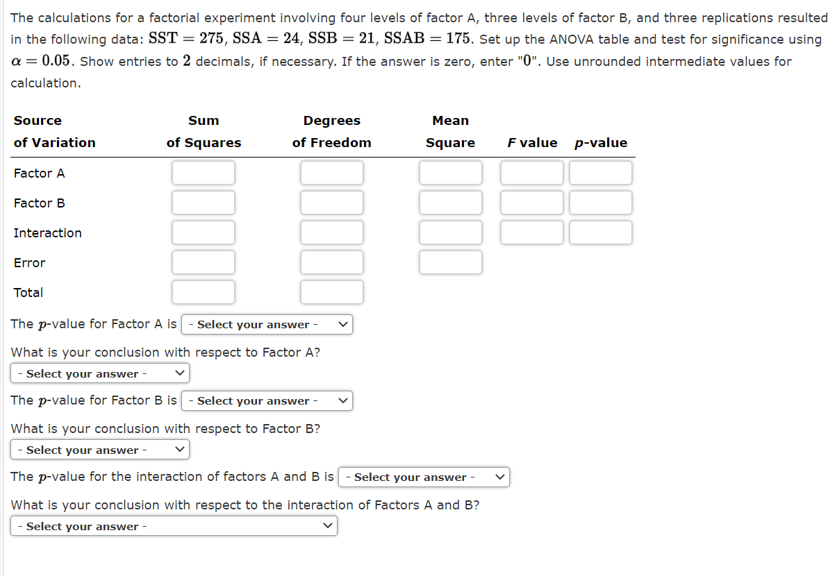 Solved The calculations for a factorial experiment involving | Chegg.com