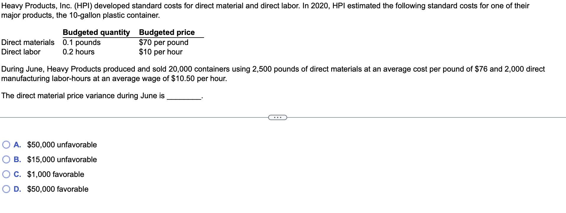 Solved Heavy Products, Inc. (HPI) developed standard costs