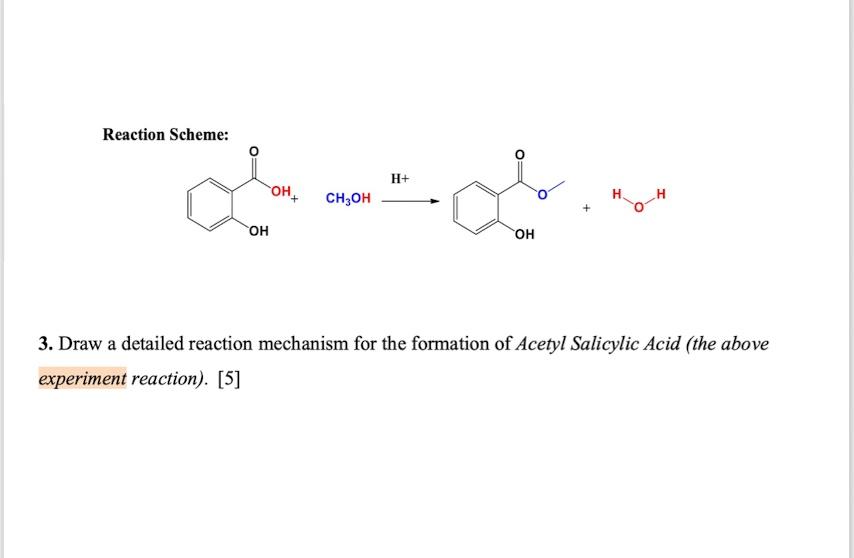 Reaction Scheme:
3. Draw a detailed reaction mechanism for the formation of Acetyl Salicylic Acid (the above experiment react