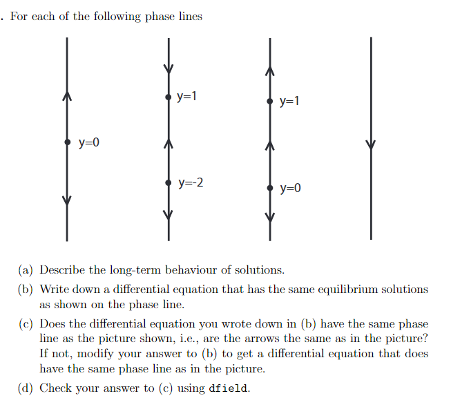 - For each of the following phase lines
(a) Describe the long-term behaviour of solutions.
(b) Write down a differential equa