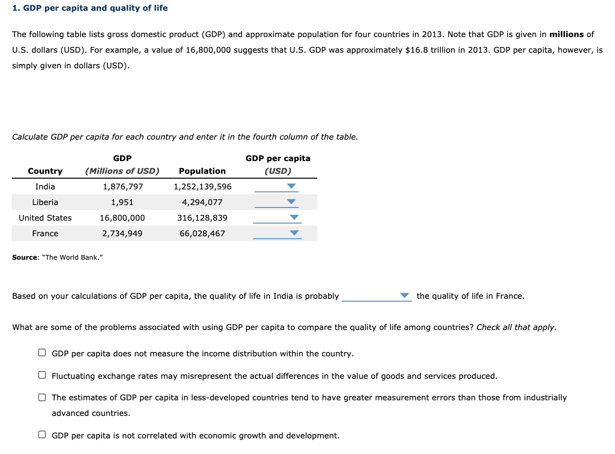 Solved 1. GDP per capita and quality of life The following | Chegg.com