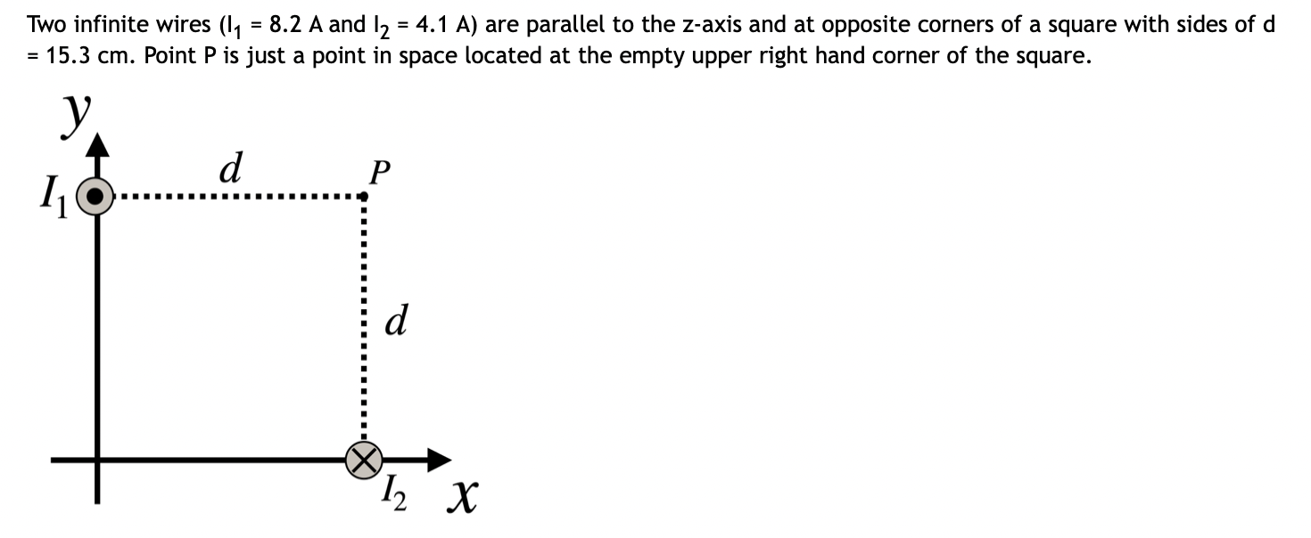 Solved Two infinite wires (I1=8.2 A and I2=4.1 A) are | Chegg.com