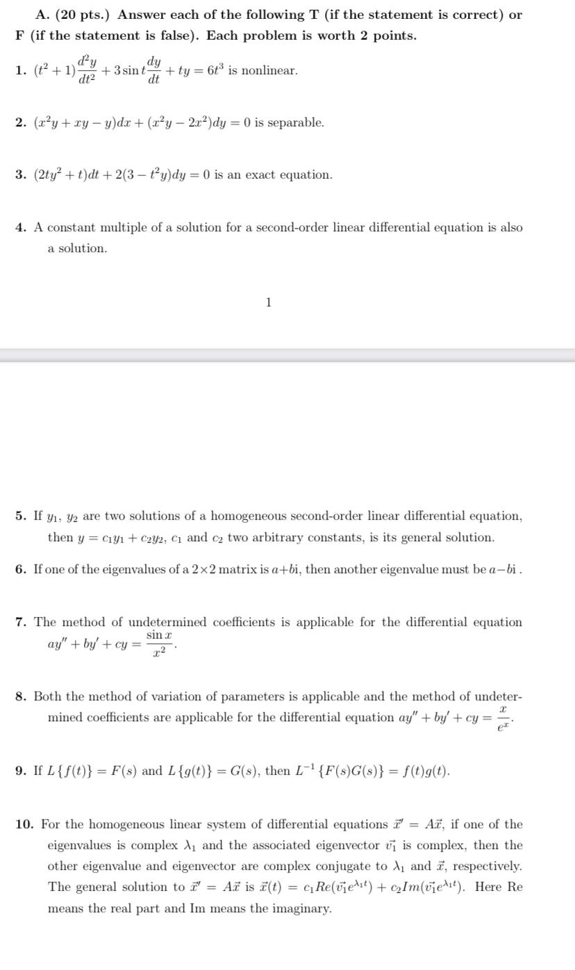 Solved A. (20 Pts.) Answer Each Of The Following T (if The | Chegg.com