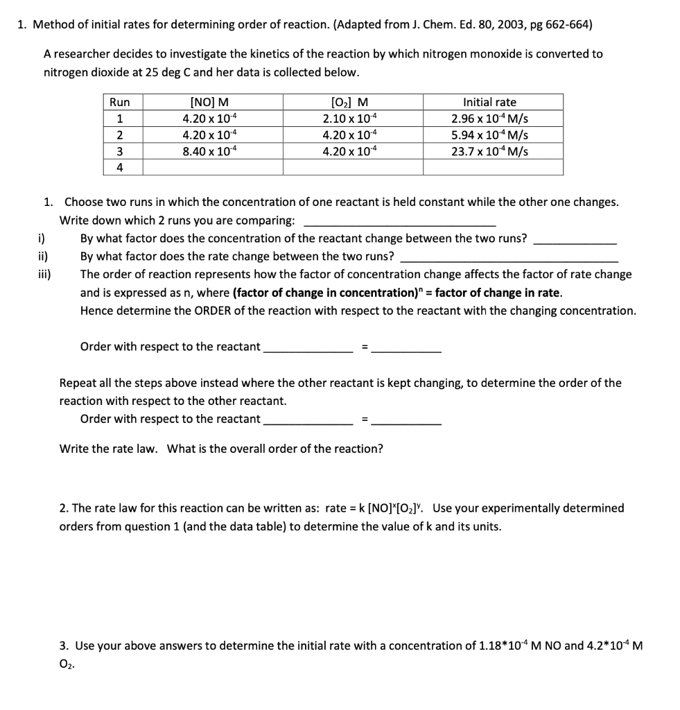 Solved 1. Method of initial rates for determining order of | Chegg.com