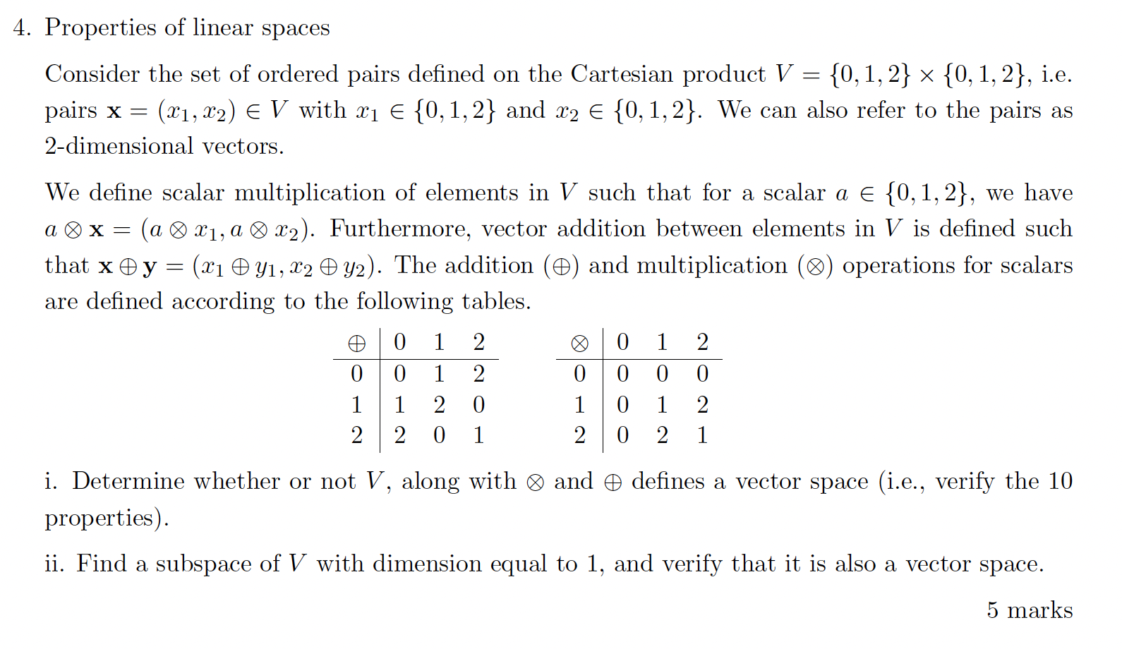 Properties of linear spaces
Consider the set of ordered pairs defined on the Cartesian product \( V=\{0,1,2\} \times\{0,1,2\}