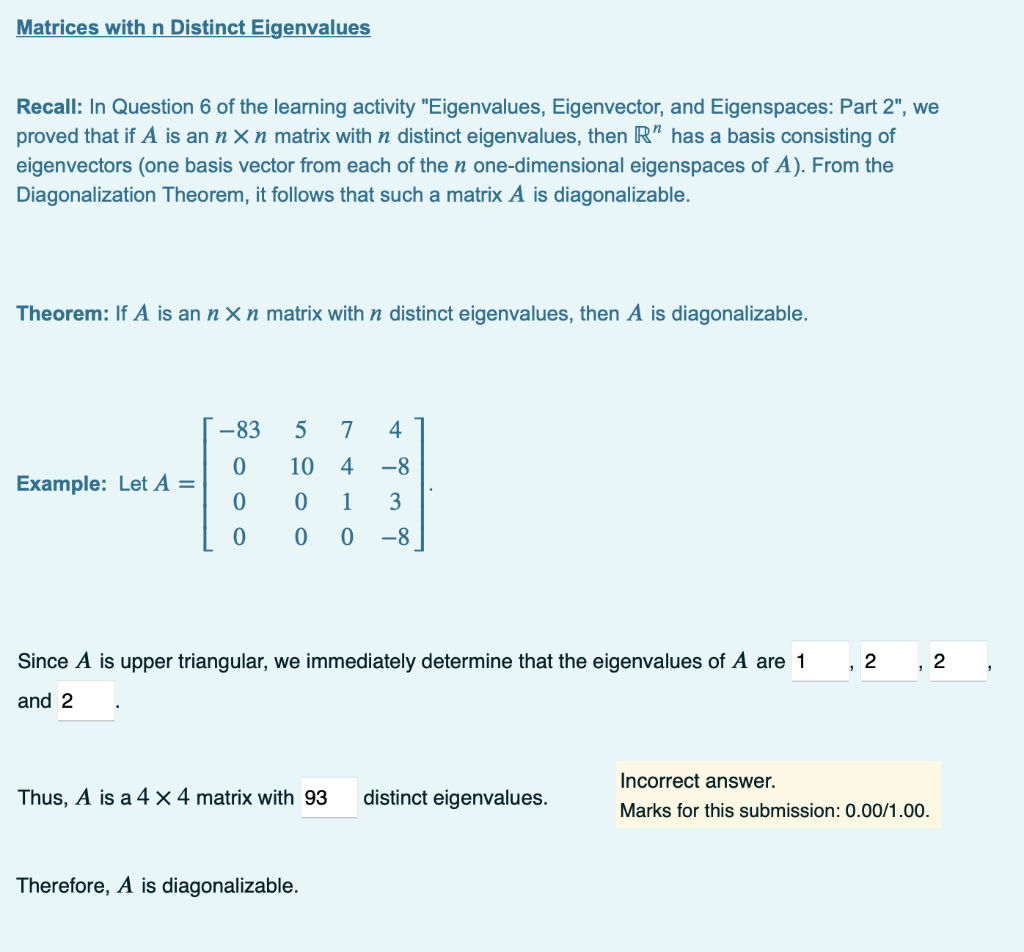 Solved Matrices With N Distinct Eigenvalues Recall In Chegg Com