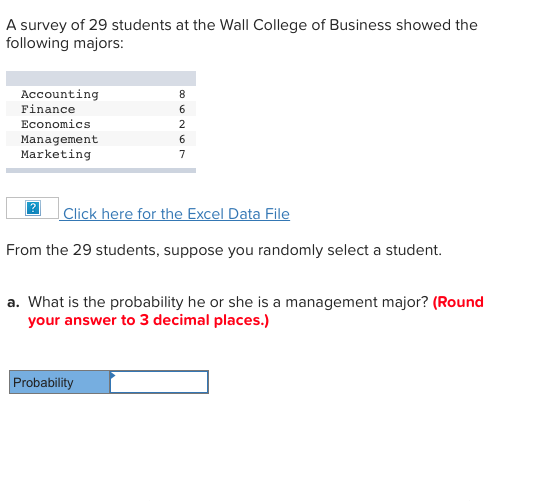 Solved A survey of 29 students at the Wall College of | Chegg.com