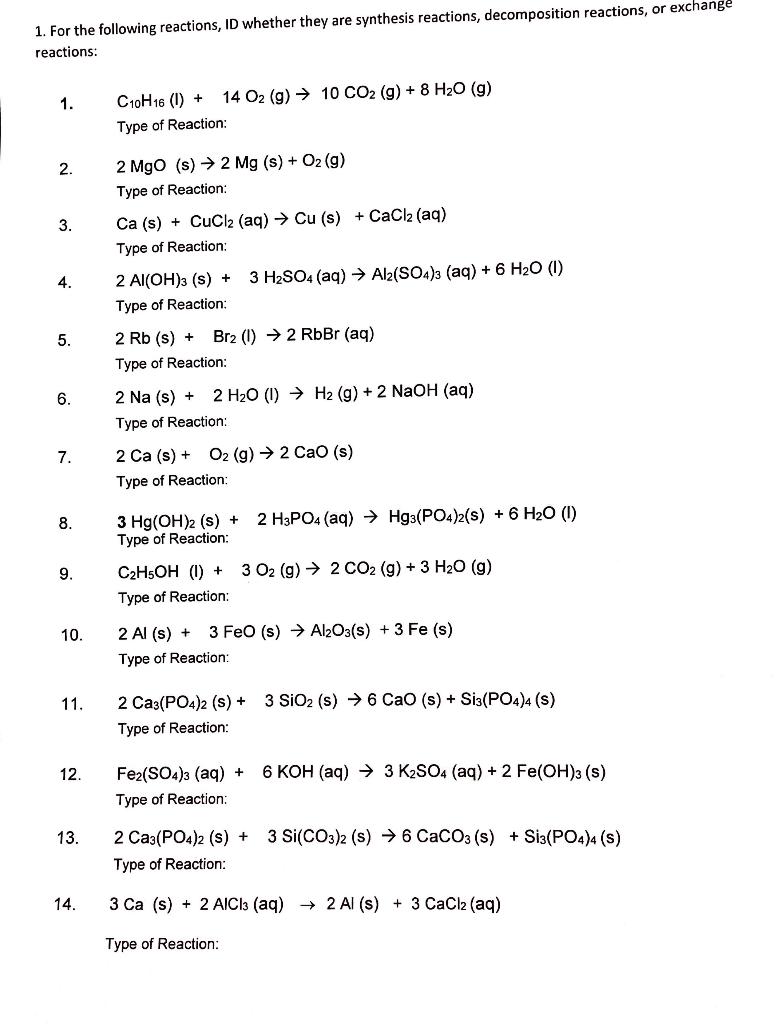 Solved 1. For the following reactions, ID whether they are | Chegg.com