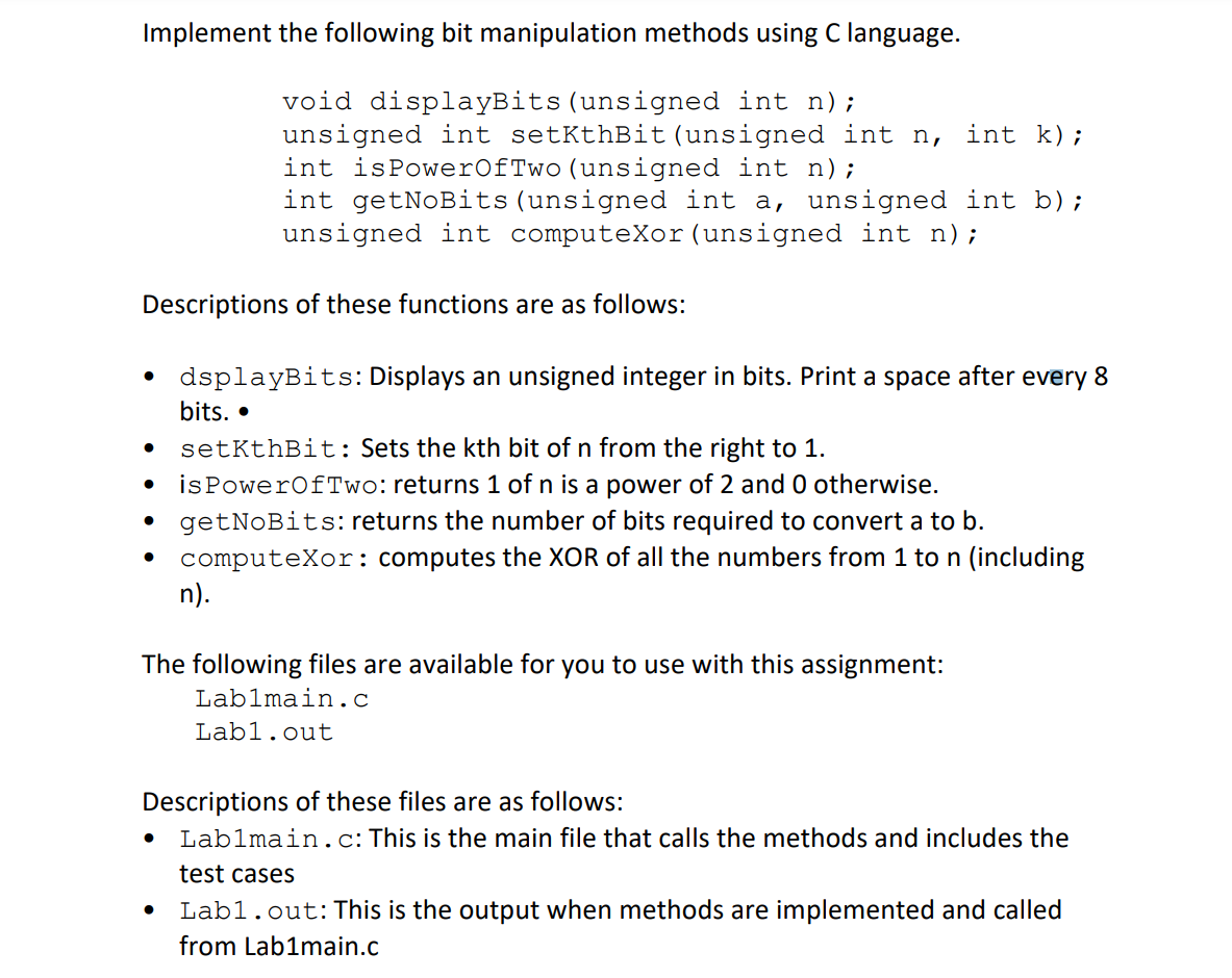 Solved Implement the following bit manipulation methods | Chegg.com