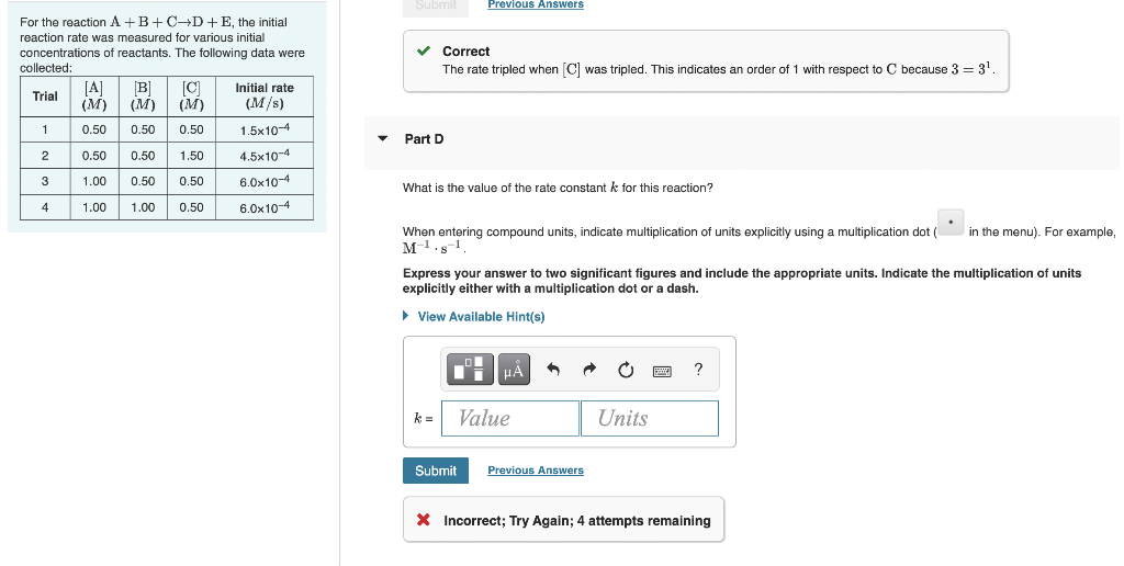Solved Submit Previous Answers Correct The rate tripled when | Chegg.com
