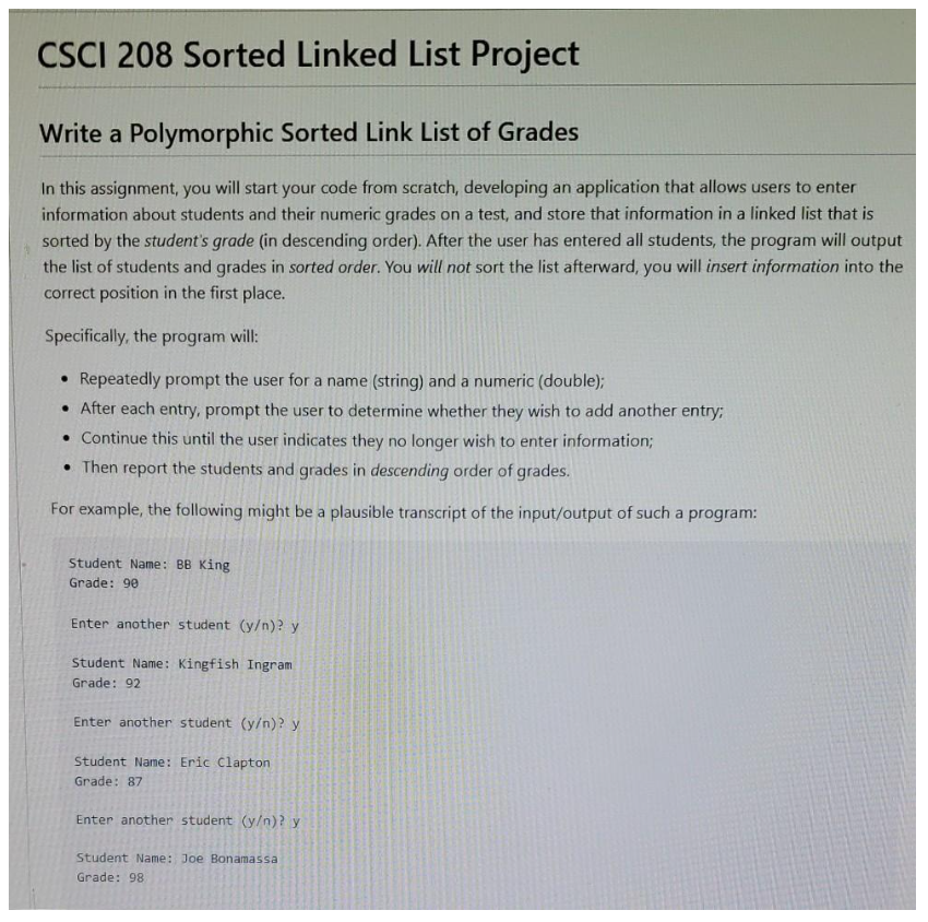 Solved CSCI 208 Sorted Linked List Project Write a | Chegg.com