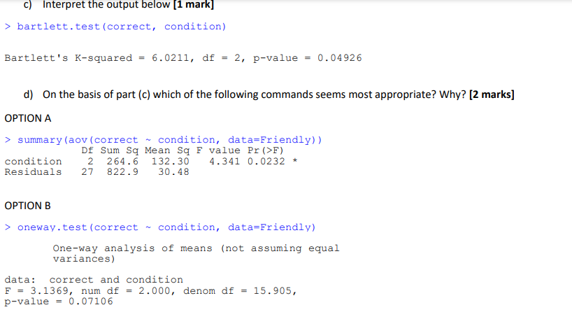 bartlett.test(correct, condition) Bartlett's | Chegg.com