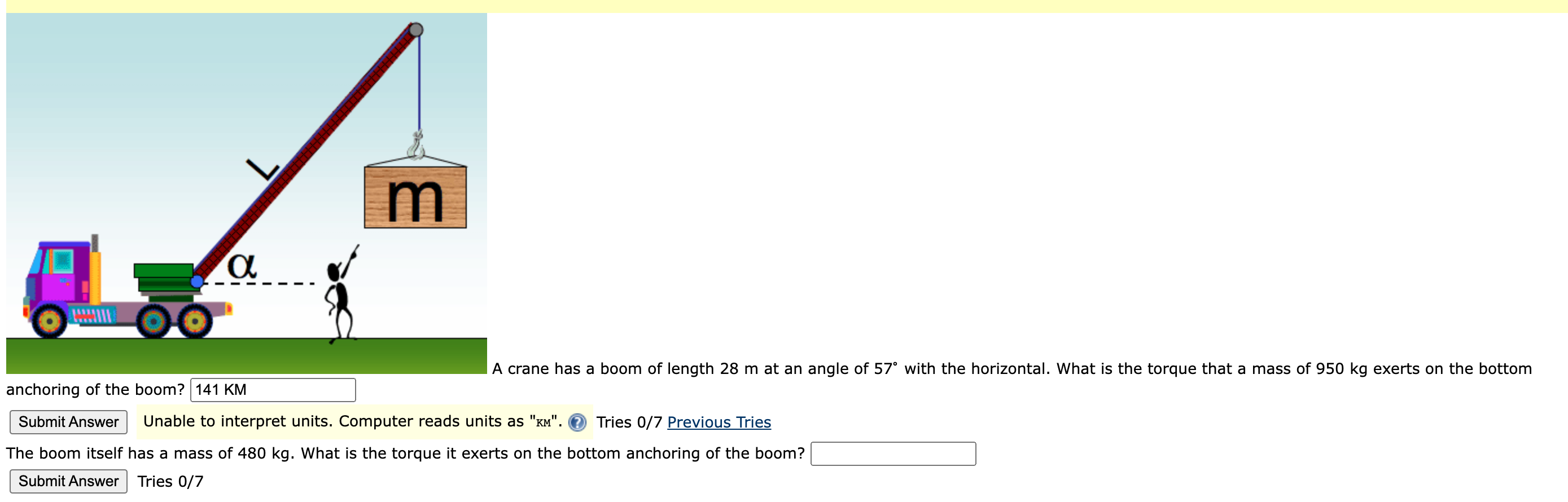 A crane has a boom of length \( 28 \mathrm{~m} \) at an angle of \( 57^{\circ} \) with the horizontal. What is the torque tha