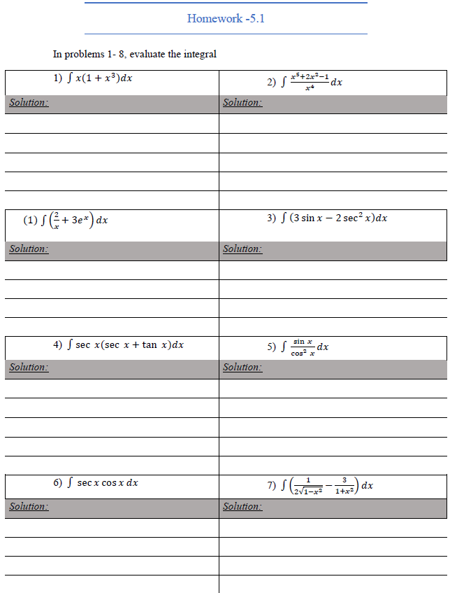 Solved Homework -5.1 In problems 1-8, evaluate the integral | Chegg.com