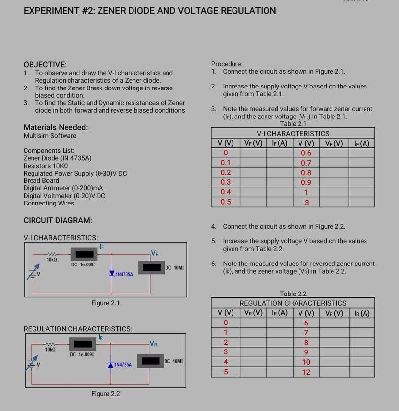 Solved EXPERIMENT 2 ZENER DIODE AND VOLTAGE REGULATION