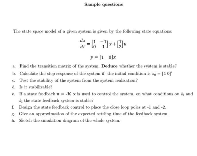 Solved Sample questions The state space model of a given | Chegg.com