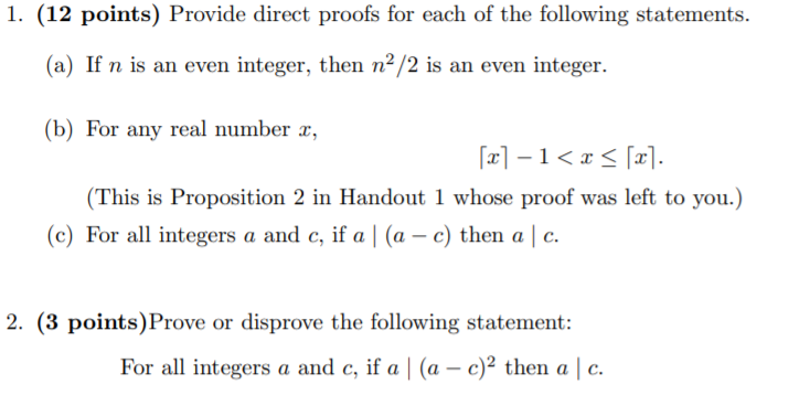 Direct Proof Questions Solved 1. (12 points) Provide direct proofs for each of the | Chegg.com